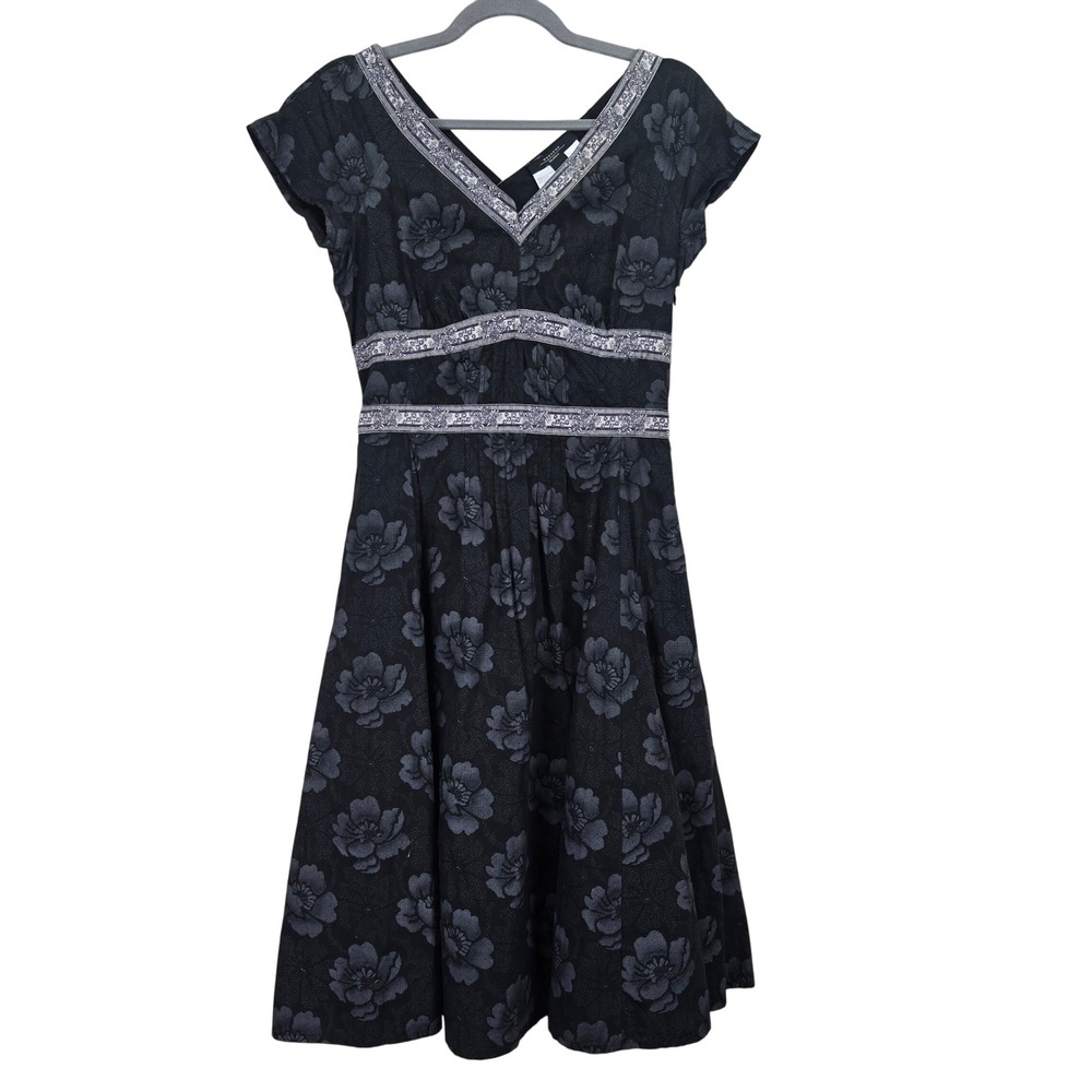 Weekend MaxMara Floral Dress US 8 V-Neck Cap Fit Flare Retro‎ Designer FLAW